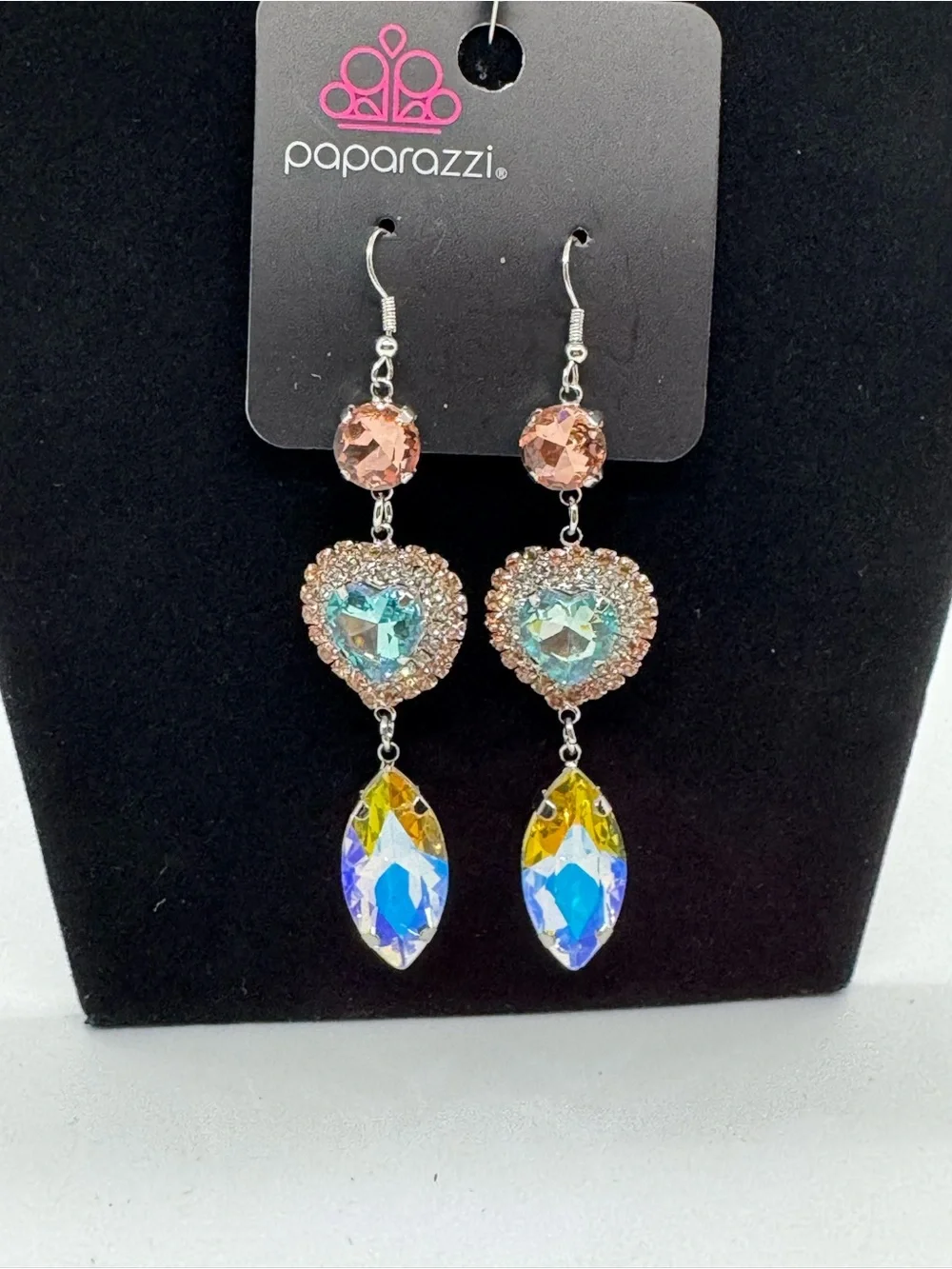 Paparazzi Pink Heart Drop Earrings with Iridescent Teardrops